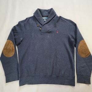 Polo Ralph Lauren Blue Heavy Cotton Fleece Suede Shawlneck VTG Sweater Size L